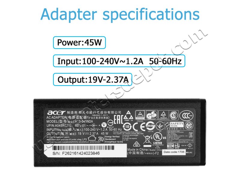 Original Acer Aspire 3 A317-51-34MC AC Adapter Charger 45W
